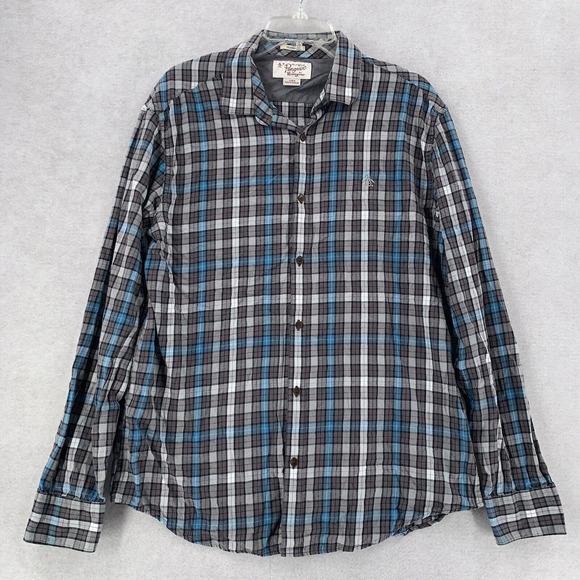Penguin Classic Fit Blue Black Gray Madras Plaid Flannel Button‎ Shirt Mens Lg - Picture 1 of 9
